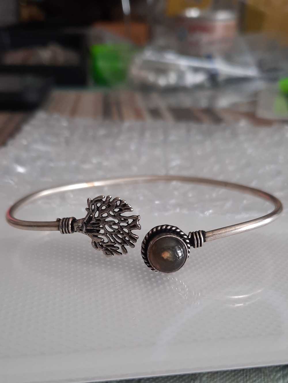 Sterling Silver Tree of Life Bangle Bracelet with Dark Gray Stone